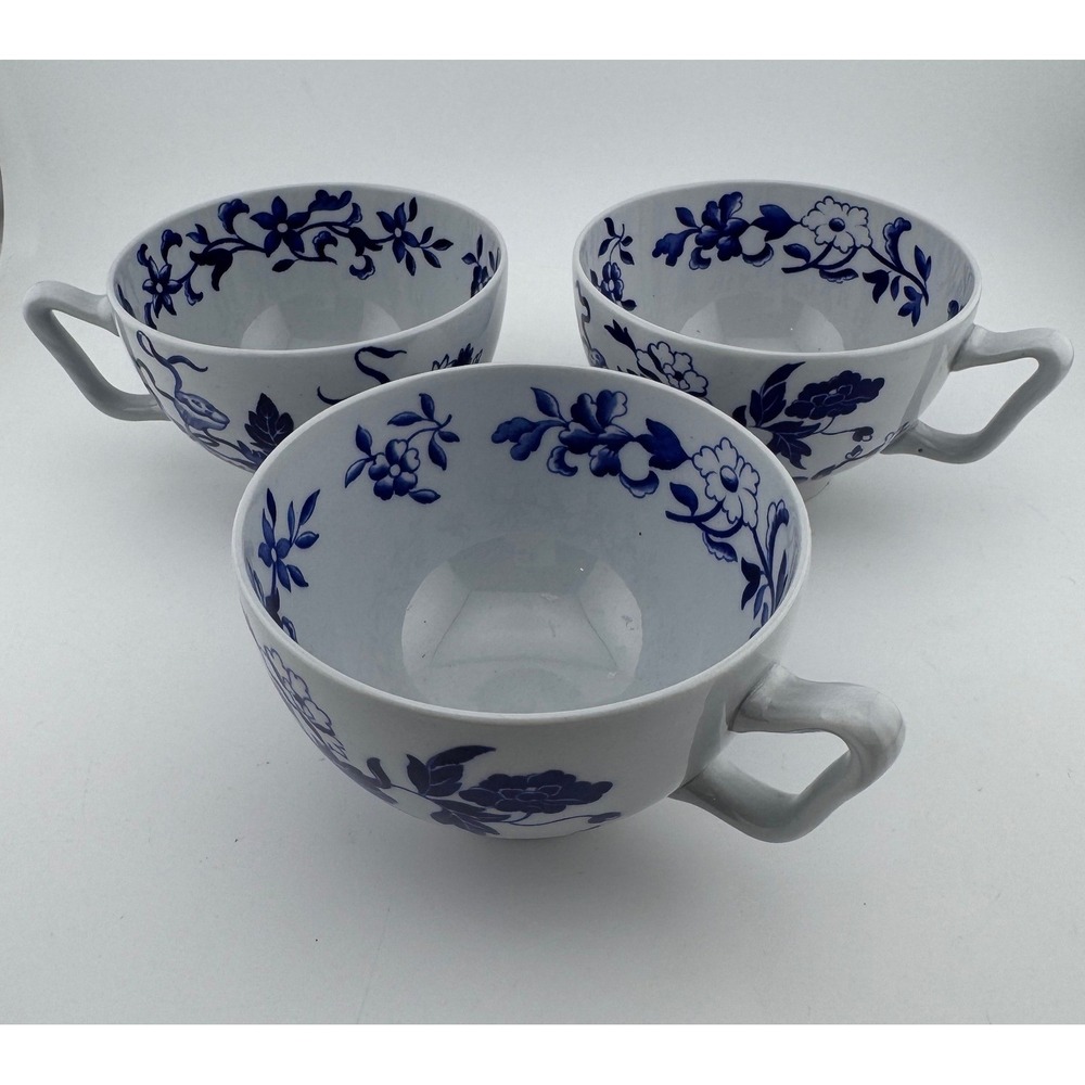 Set of 3 Spode Blue Bowpot England Porcelain Teacups Saucerless Floral